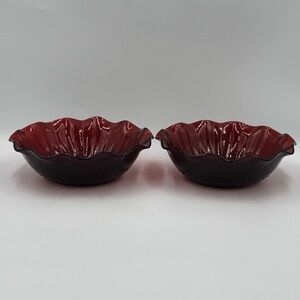 Vintage Anchor Hocking Ruby Red Scalloped Serving Bowls Set of 2